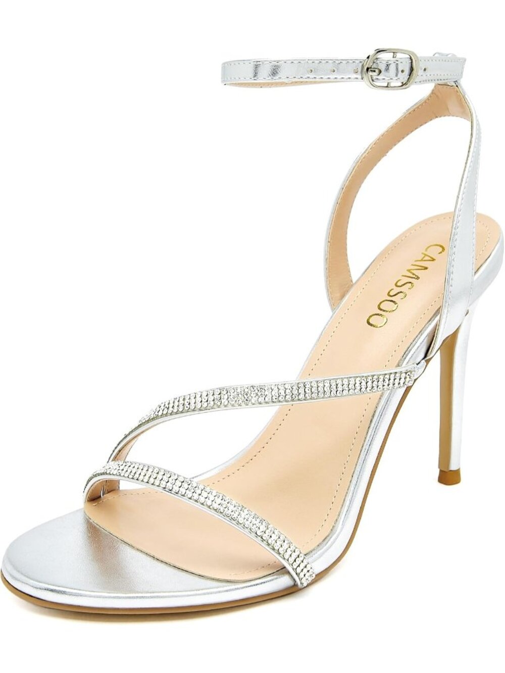 Women's Silver Faux Leather Slingback Rhinestone Stiletto Dresses Heels Sandals